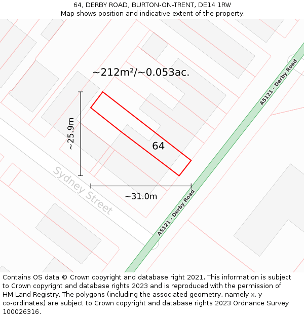 64, DERBY ROAD, BURTON-ON-TRENT, DE14 1RW: Plot and title map