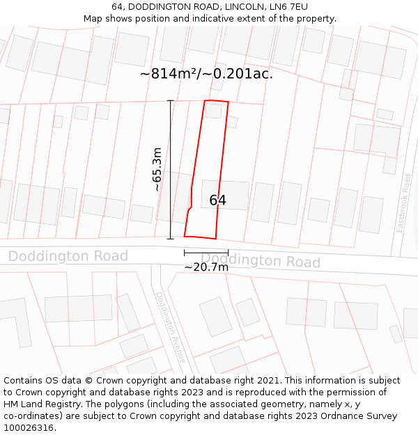64, DODDINGTON ROAD, LINCOLN, LN6 7EU: Plot and title map