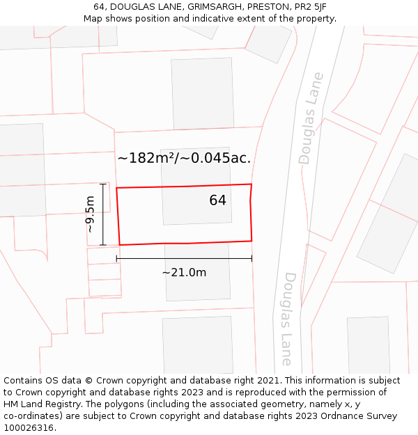 64, DOUGLAS LANE, GRIMSARGH, PRESTON, PR2 5JF: Plot and title map