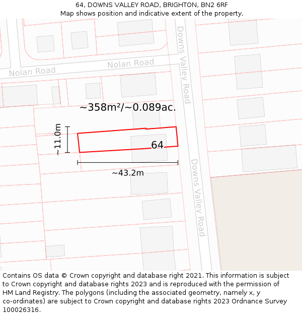 64, DOWNS VALLEY ROAD, BRIGHTON, BN2 6RF: Plot and title map