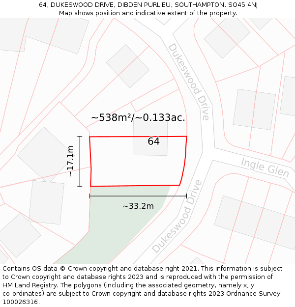 64, DUKESWOOD DRIVE, DIBDEN PURLIEU, SOUTHAMPTON, SO45 4NJ: Plot and title map