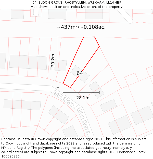 64, ELDON GROVE, RHOSTYLLEN, WREXHAM, LL14 4BP: Plot and title map