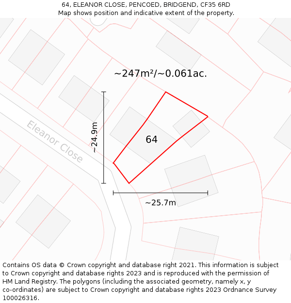 64, ELEANOR CLOSE, PENCOED, BRIDGEND, CF35 6RD: Plot and title map
