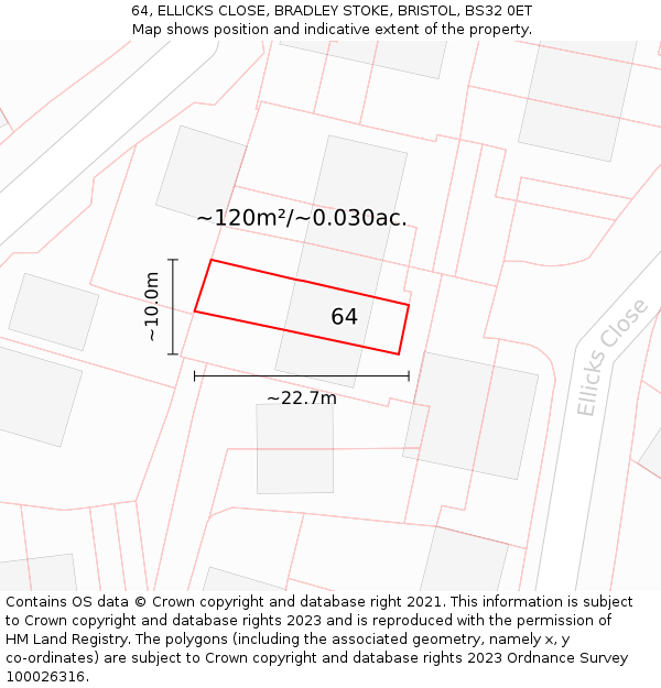 64, ELLICKS CLOSE, BRADLEY STOKE, BRISTOL, BS32 0ET: Plot and title map