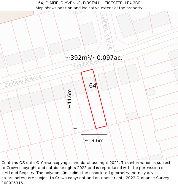 64, ELMFIELD AVENUE, BIRSTALL, LEICESTER, LE4 3DF: Plot and title map