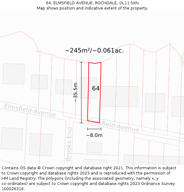 64, ELMSFIELD AVENUE, ROCHDALE, OL11 5XN: Plot and title map