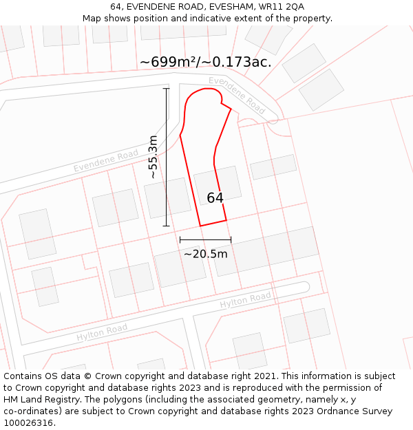 64, EVENDENE ROAD, EVESHAM, WR11 2QA: Plot and title map