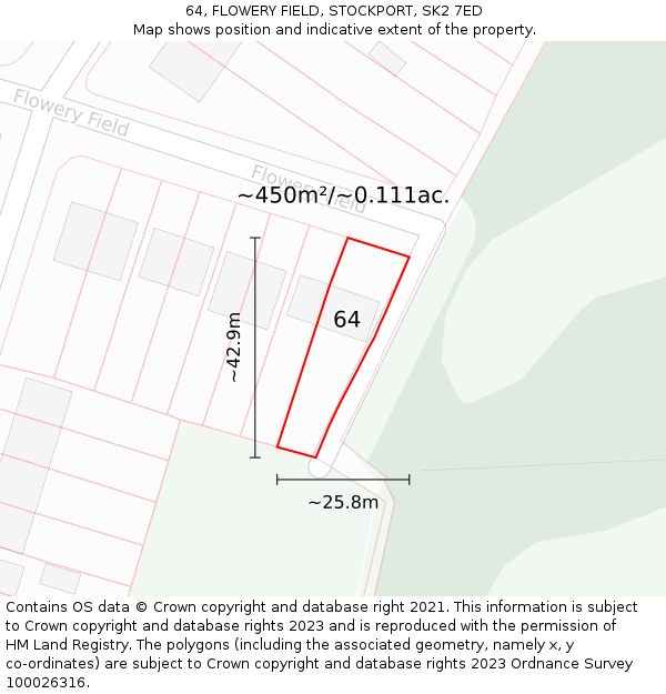 64, FLOWERY FIELD, STOCKPORT, SK2 7ED: Plot and title map