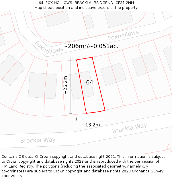64, FOX HOLLOWS, BRACKLA, BRIDGEND, CF31 2NH: Plot and title map