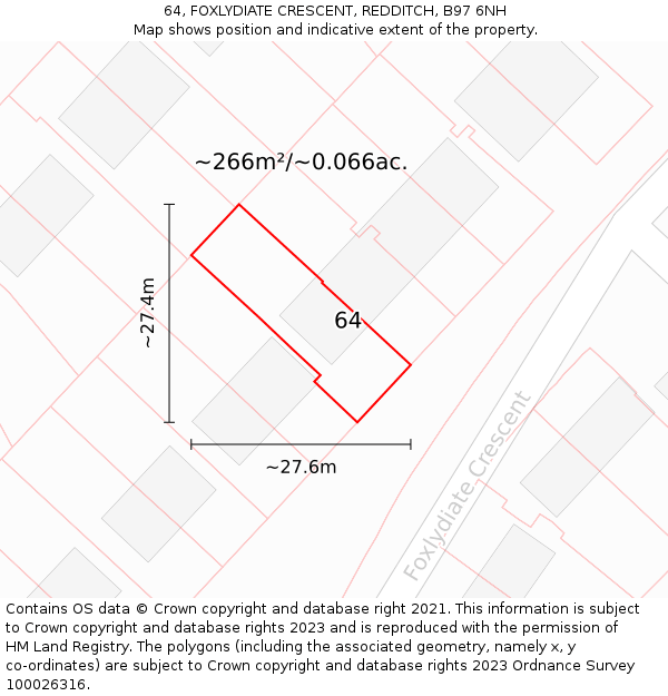 64, FOXLYDIATE CRESCENT, REDDITCH, B97 6NH: Plot and title map