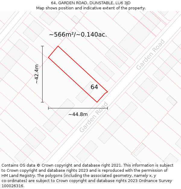 64, GARDEN ROAD, DUNSTABLE, LU6 3JD: Plot and title map