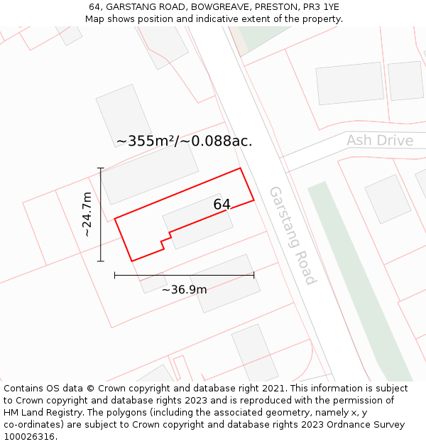 64, GARSTANG ROAD, BOWGREAVE, PRESTON, PR3 1YE: Plot and title map