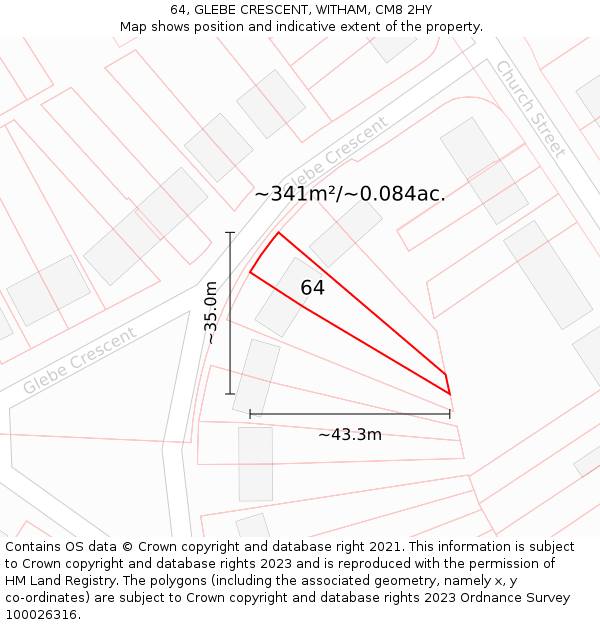 64, GLEBE CRESCENT, WITHAM, CM8 2HY: Plot and title map