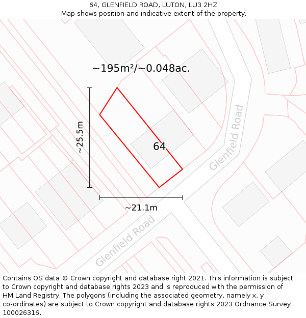 64, GLENFIELD ROAD, LUTON, LU3 2HZ: Plot and title map