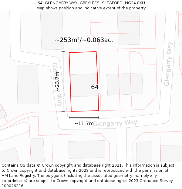 64, GLENGARRY WAY, GREYLEES, SLEAFORD, NG34 8XU: Plot and title map