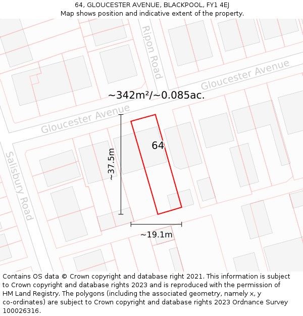 64, GLOUCESTER AVENUE, BLACKPOOL, FY1 4EJ: Plot and title map