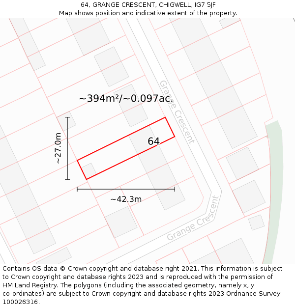 64, GRANGE CRESCENT, CHIGWELL, IG7 5JF: Plot and title map