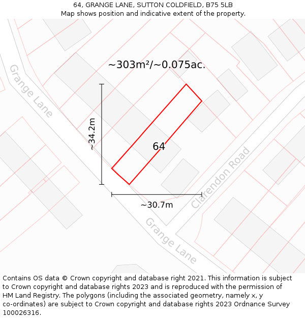 64, GRANGE LANE, SUTTON COLDFIELD, B75 5LB: Plot and title map
