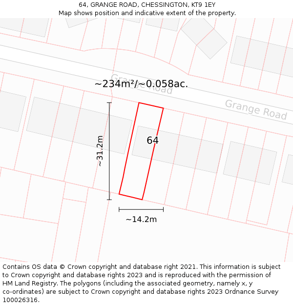 64, GRANGE ROAD, CHESSINGTON, KT9 1EY: Plot and title map