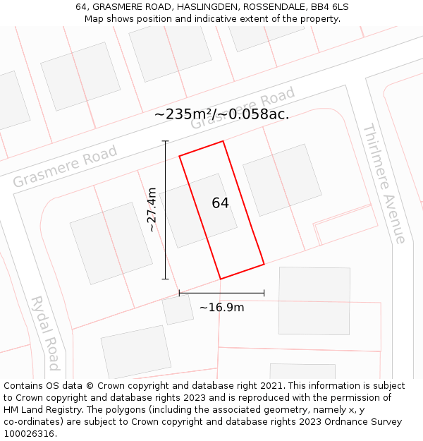 64, GRASMERE ROAD, HASLINGDEN, ROSSENDALE, BB4 6LS: Plot and title map