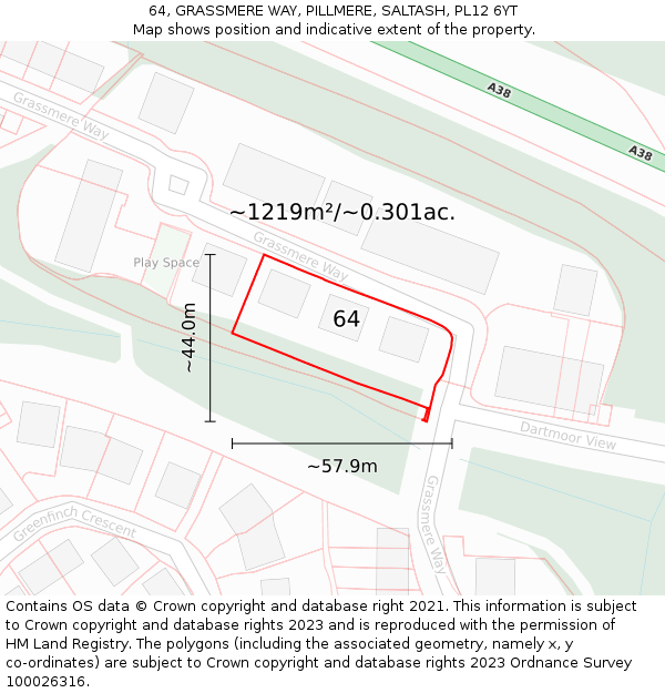 64, GRASSMERE WAY, PILLMERE, SALTASH, PL12 6YT: Plot and title map