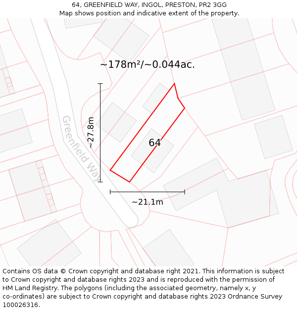 64, GREENFIELD WAY, INGOL, PRESTON, PR2 3GG: Plot and title map