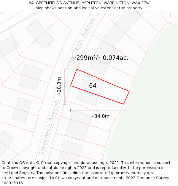 64, GREENFIELDS AVENUE, APPLETON, WARRINGTON, WA4 3BW: Plot and title map