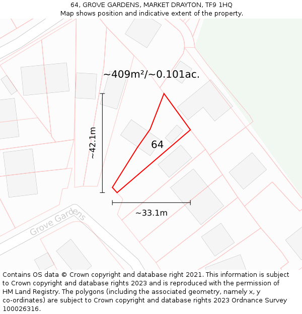 64, GROVE GARDENS, MARKET DRAYTON, TF9 1HQ: Plot and title map