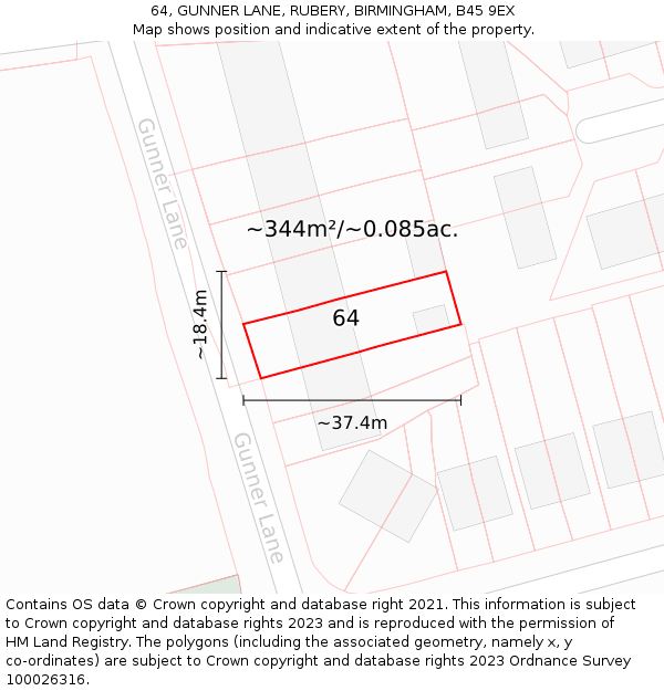 64, GUNNER LANE, RUBERY, BIRMINGHAM, B45 9EX: Plot and title map