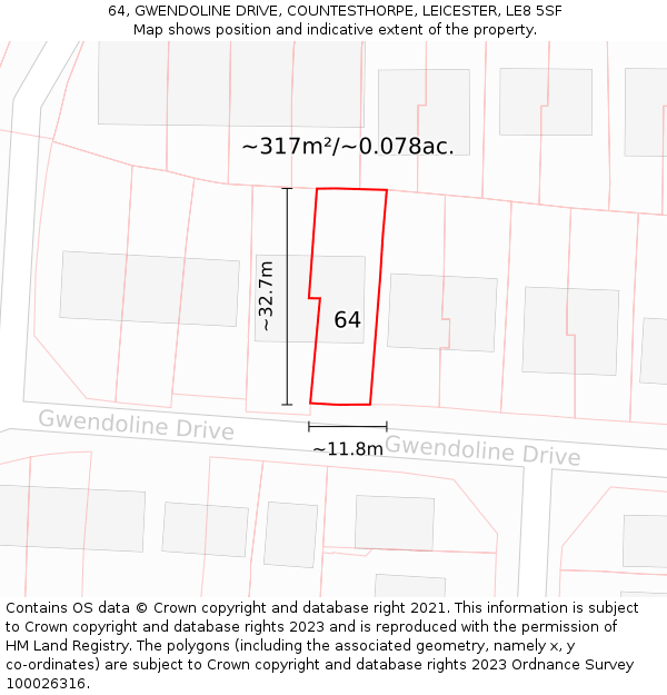 64, GWENDOLINE DRIVE, COUNTESTHORPE, LEICESTER, LE8 5SF: Plot and title map