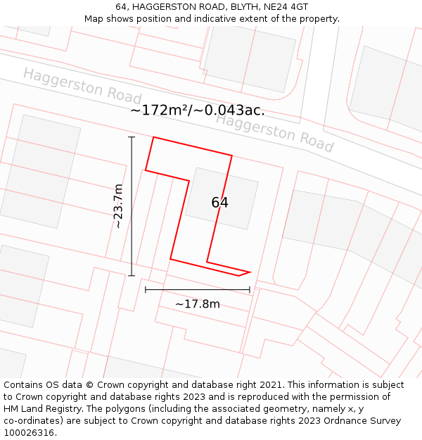 64, HAGGERSTON ROAD, BLYTH, NE24 4GT: Plot and title map