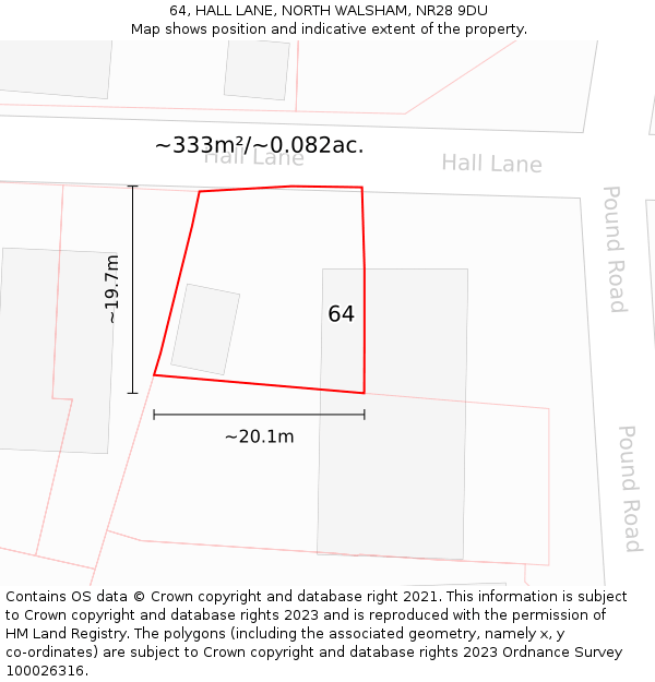 64, HALL LANE, NORTH WALSHAM, NR28 9DU: Plot and title map