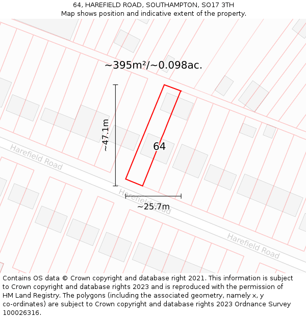 64, HAREFIELD ROAD, SOUTHAMPTON, SO17 3TH: Plot and title map