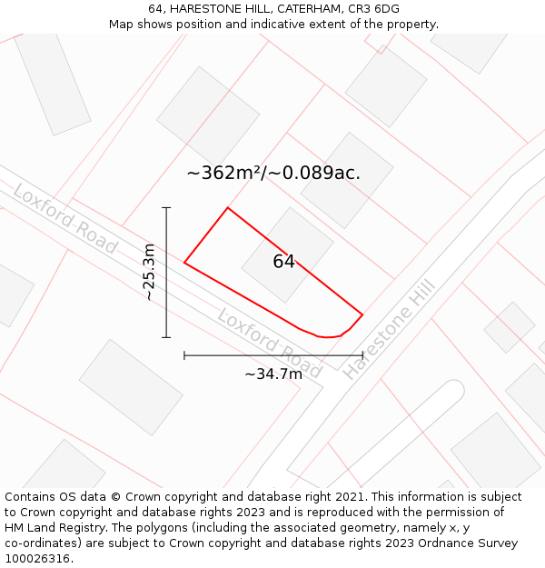 64, HARESTONE HILL, CATERHAM, CR3 6DG: Plot and title map