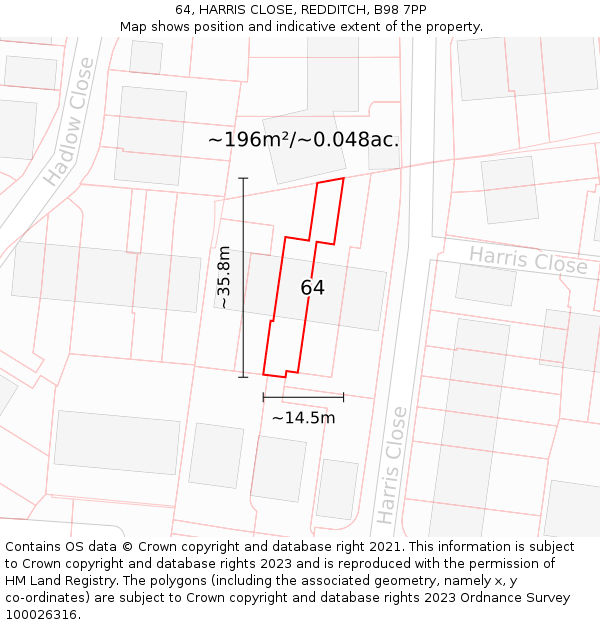 64, HARRIS CLOSE, REDDITCH, B98 7PP: Plot and title map