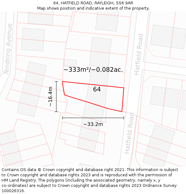 64, HATFIELD ROAD, RAYLEIGH, SS6 9AR: Plot and title map