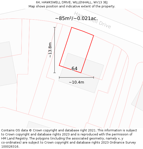 64, HAWKSWELL DRIVE, WILLENHALL, WV13 3EJ: Plot and title map