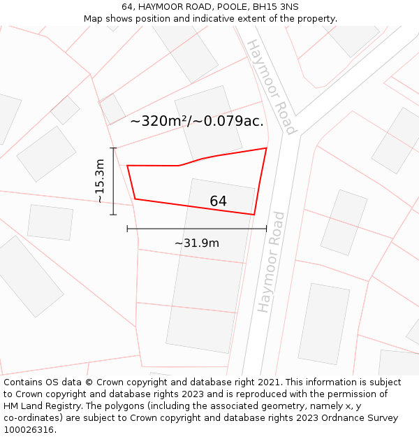 64, HAYMOOR ROAD, POOLE, BH15 3NS: Plot and title map