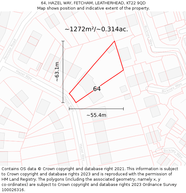 64, HAZEL WAY, FETCHAM, LEATHERHEAD, KT22 9QD: Plot and title map