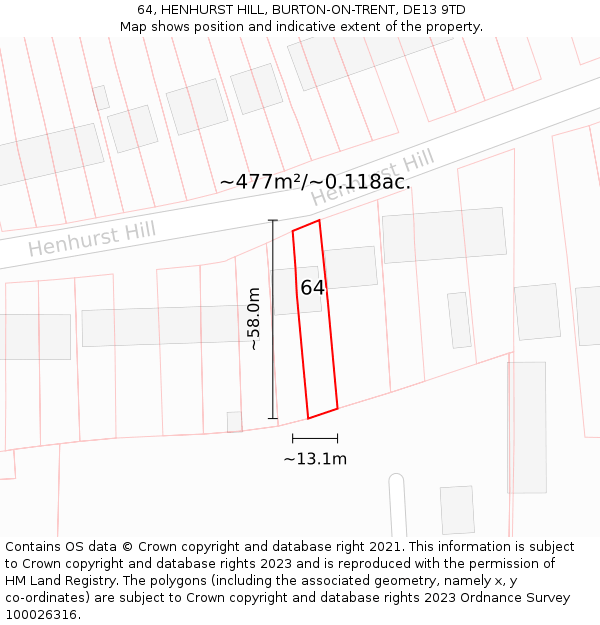 64, HENHURST HILL, BURTON-ON-TRENT, DE13 9TD: Plot and title map