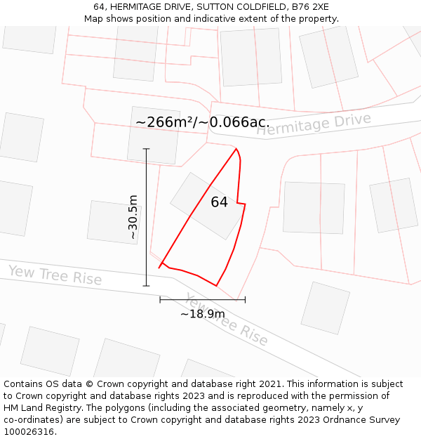 64, HERMITAGE DRIVE, SUTTON COLDFIELD, B76 2XE: Plot and title map