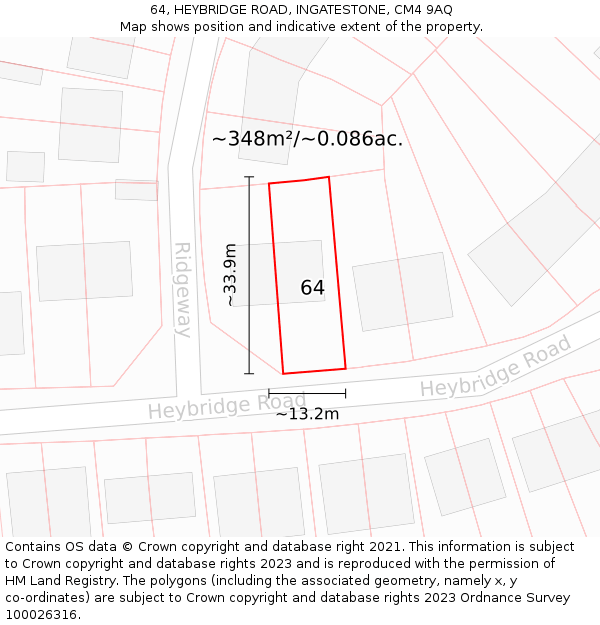 64, HEYBRIDGE ROAD, INGATESTONE, CM4 9AQ: Plot and title map