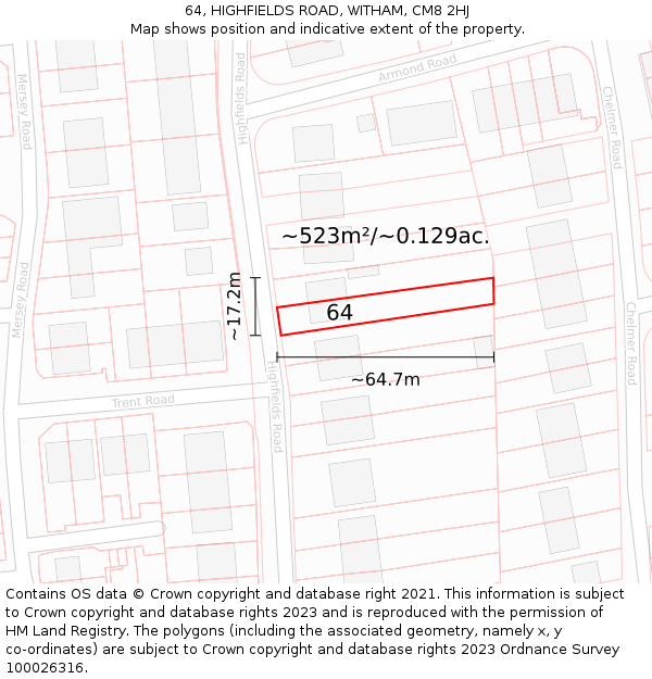 64, HIGHFIELDS ROAD, WITHAM, CM8 2HJ: Plot and title map