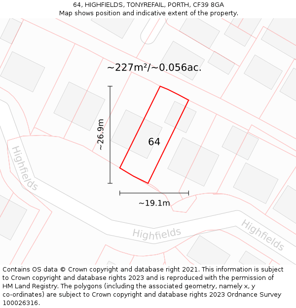 64, HIGHFIELDS, TONYREFAIL, PORTH, CF39 8GA: Plot and title map