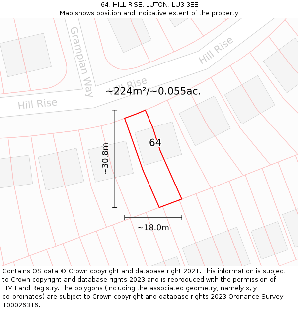 64, HILL RISE, LUTON, LU3 3EE: Plot and title map