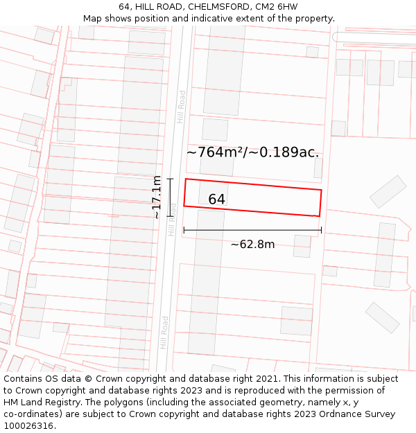 64, HILL ROAD, CHELMSFORD, CM2 6HW: Plot and title map