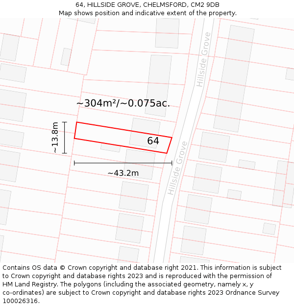 64, HILLSIDE GROVE, CHELMSFORD, CM2 9DB: Plot and title map