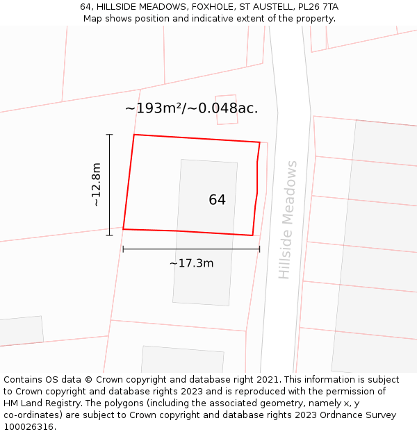 64, HILLSIDE MEADOWS, FOXHOLE, ST AUSTELL, PL26 7TA: Plot and title map