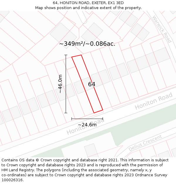 64, HONITON ROAD, EXETER, EX1 3ED: Plot and title map