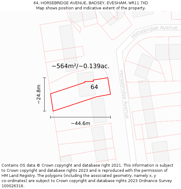 64, HORSEBRIDGE AVENUE, BADSEY, EVESHAM, WR11 7XD: Plot and title map